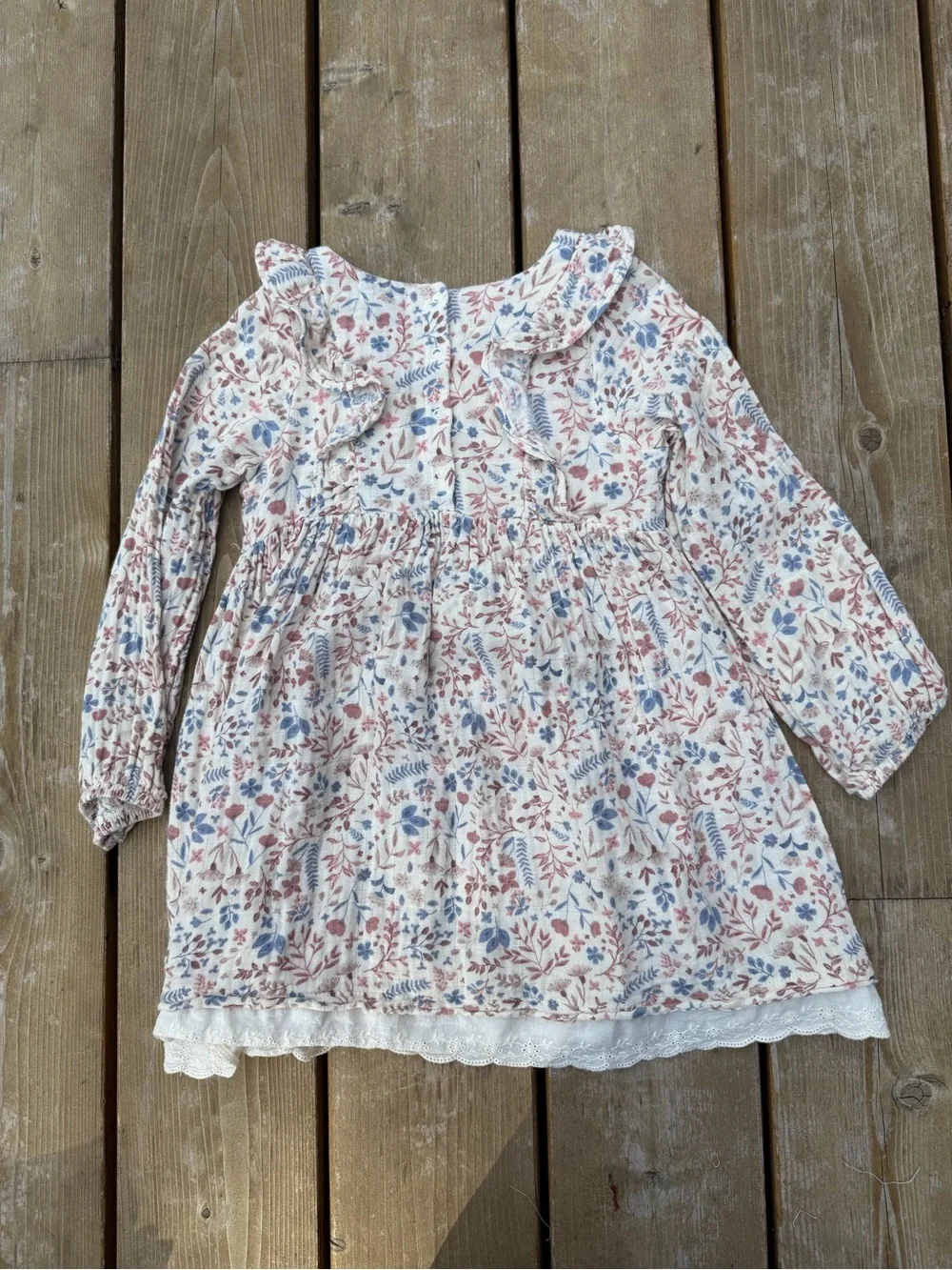 Angel Dear Lace Trimmed White Dress with Blue & Pink Floral Print